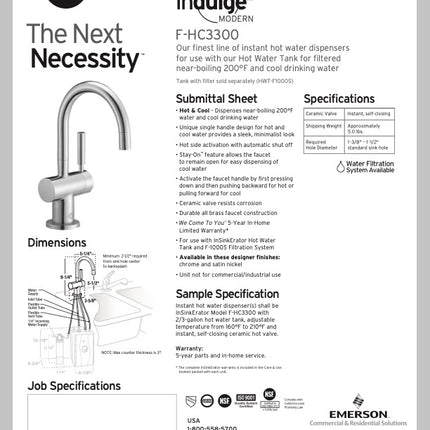 InSinkErator Modern Water Dispenser Instant Hot & Cold Chrome 44239C F-HC3300C
