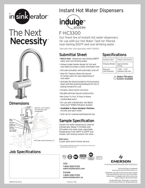InSinkErator Modern Water Dispenser Instant Hot & Cold Chrome 44239C F-HC3300C