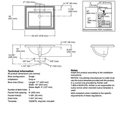 Kohler Memoirs Lavatory Sink Rectangular Drop-In White K-2241-8-0