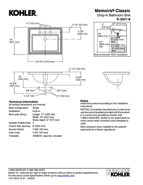 Kohler Memoirs Lavatory Sink Rectangular Drop-In White K-2241-8-0