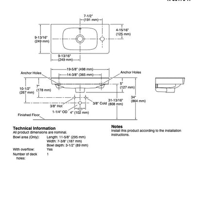 Kohler ModernLife Lavatory Sink Rectangular Basin Wall-Mount K80179-R-0