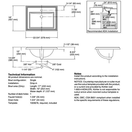 Kohler Memoirs Bathroom Sink Rectangular Drop-In White K2241-1