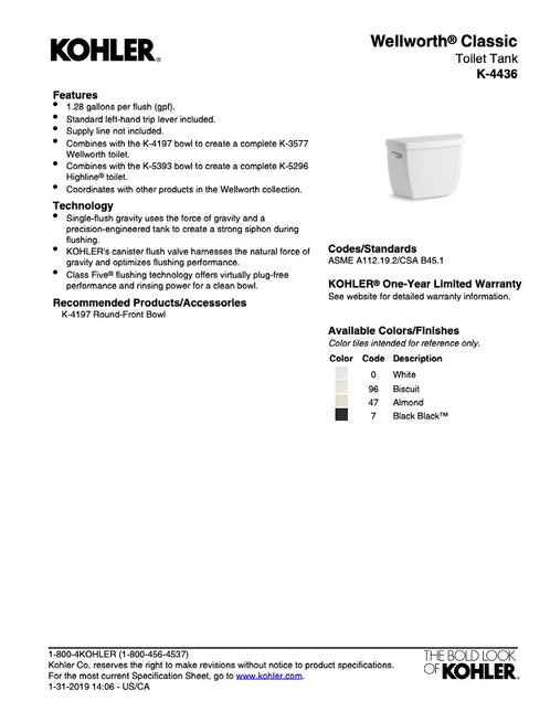 Kohler Wellworth 4436-0 Toilet Tank CL5 SF LH 1.28 GPF White Classic