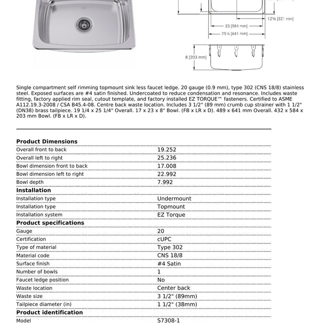 Franke Kindred S7308-1 Stainless Steel Commercial Kitchen Sink