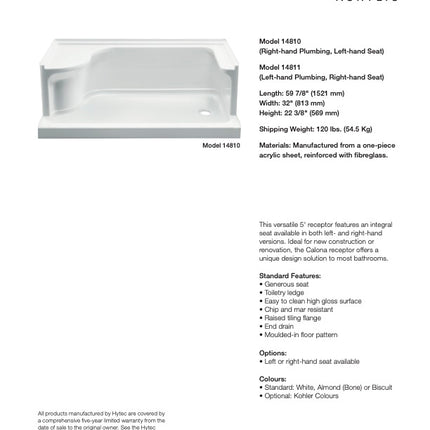 Hytec Calona Shower Base Seat White 14810-0 LEFT HAND SEAT