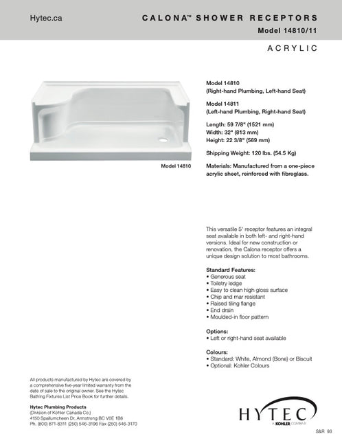 Hytec Calona Shower Base Seat White 14811-0 RIGHT HAND SEAT