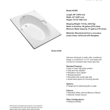 Hytec Calimere AC566CMJ6-0 Bathtub Acrylic Sunken Whirlpool Drop-In White