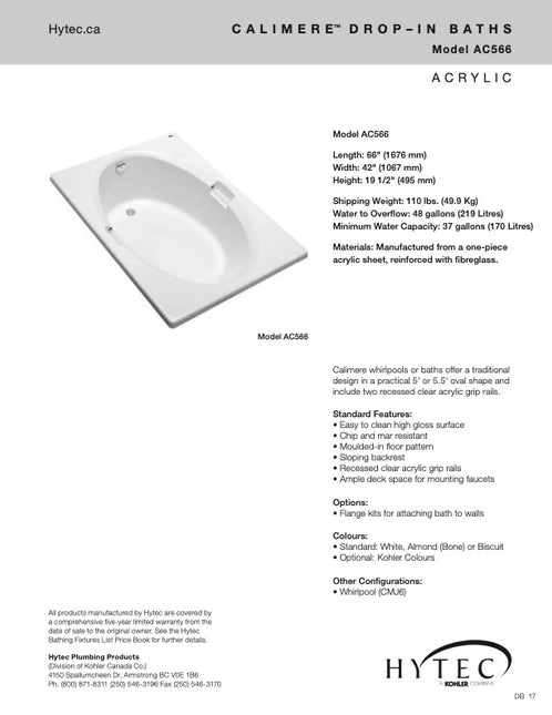 Hytec Calimere AC566CMJ6-0 Bathtub Acrylic Sunken Whirlpool Drop-In White
