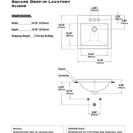 Mainline Lavatory Sink Square Drop-In White ML420W-4
