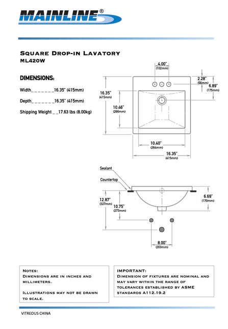 Mainline Lavatory Sink Square Drop-In White ML420W-4