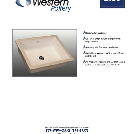 Western Pottery L188 Lavatory Sink 20" x 17" Rectangular Undermount White