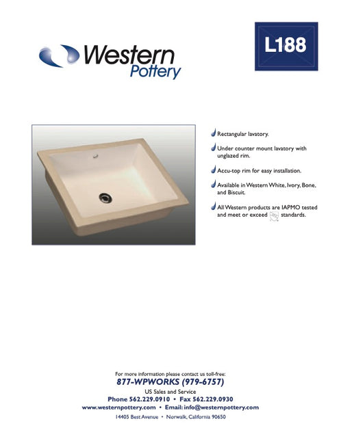 Western Pottery L188 Lavatory Sink 20" x 17" Rectangular Undermount White