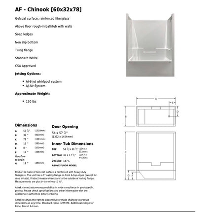 Maax AF-CHINOOK 60x32 Above Floor Tub with Left Drain in White