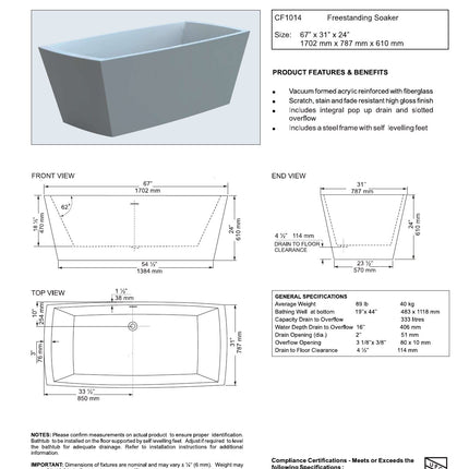 Mirolin Carrera CF1014 Freestanding Bathtub in White