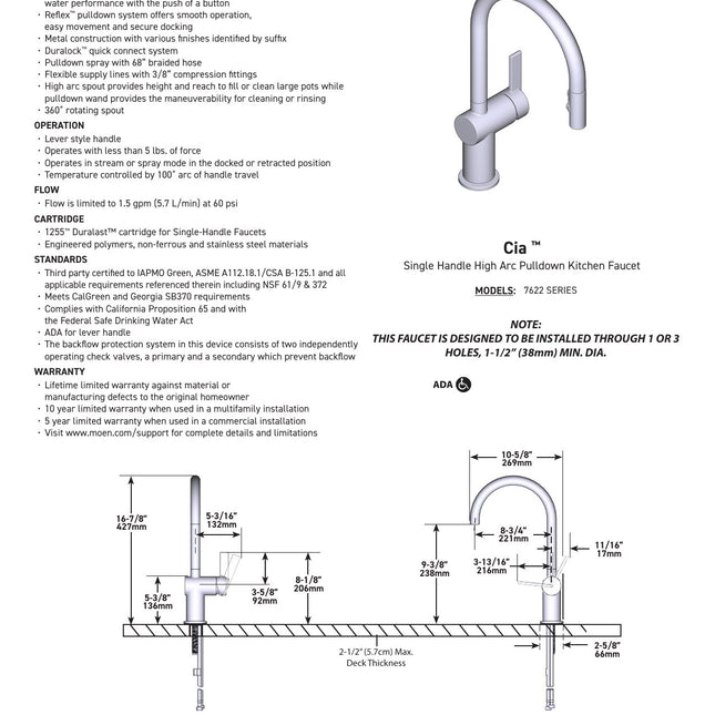 Moen Cia 7622BL Pull-Down Kitchen Faucet in Matte Black