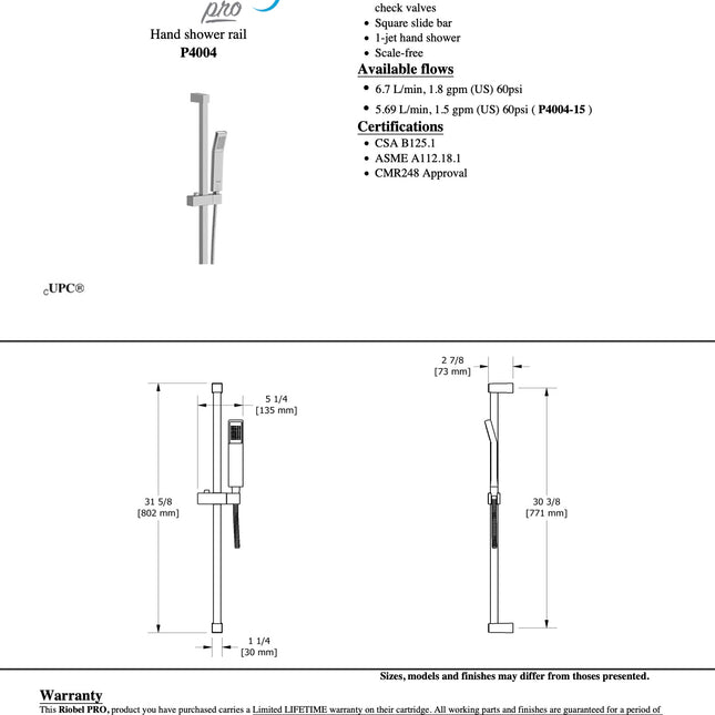 Riobel Pro Hand Shower with Rail P4004C Chrome