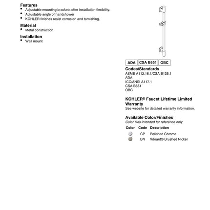 Kohler Awaken 98342-CP Shower Slide Bar in Polished Chrome