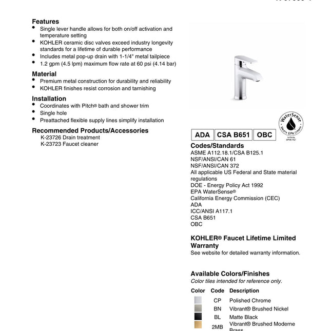 Kohler Hint 97060-4-CP Bathroom Faucet in Polished Chrome