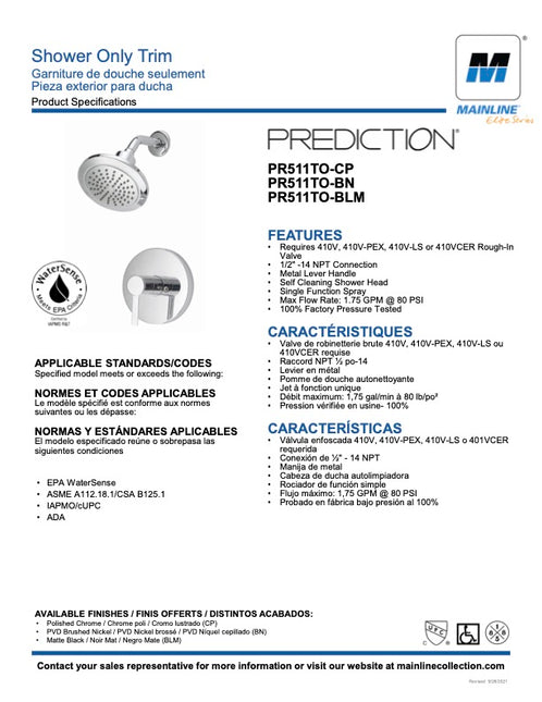 Mainline Prediction Shower Trim Chrome PR511TO-CP