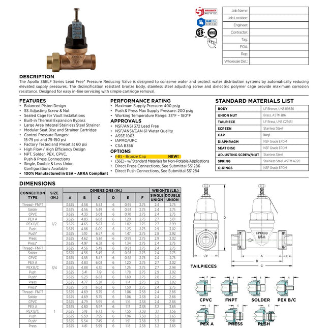 Conbraco 36ELF-124-01X 3/4 in. PEX Pressure Reducing Valve