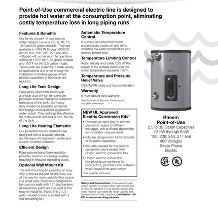 Rheem 524917 30 Gal. Point-of-Use Electric Water Heater