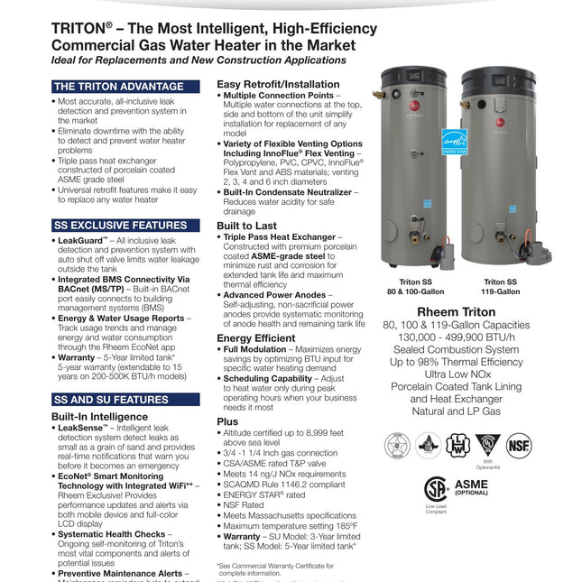 Rheem Triton GHE100SU-400A 100 Gal. Gas Commercial Water Heater