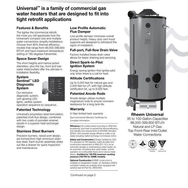 Rheem Universal G75-125 457451 75 Gal. Gas Commercial Water Heater
