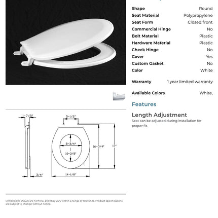 Centoco 1200BP8 Closed-Front Toilet Seat in White