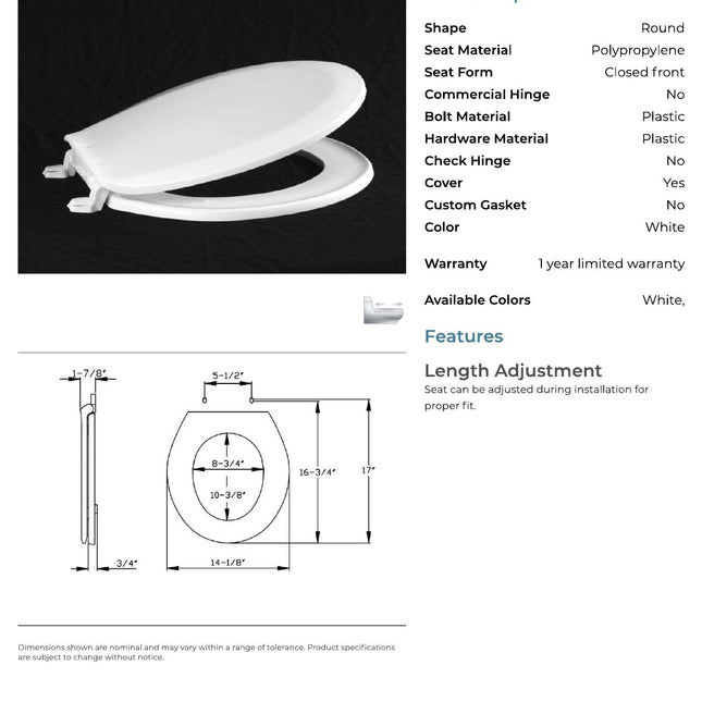 Centoco 1200BP8 Closed-Front Toilet Seat in White
