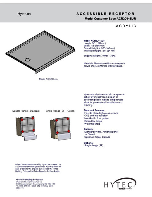 Hytec Accessible Shower Base w/ Right Hand Drain ACR20445R-0