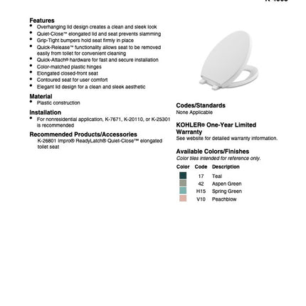 Kohler Reveal Quiet-Close elongated toilet seat K-4008-0 White