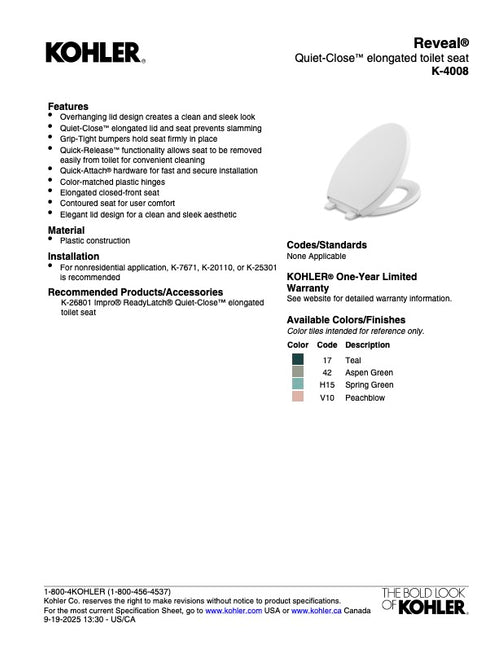 Kohler Reveal Quiet-Close elongated toilet seat K-4008-0 White