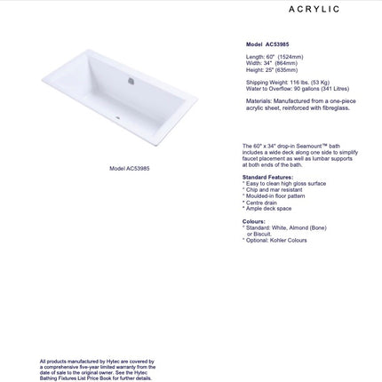 Hytec Seamount AC53985-0 Bathtub 60" x 34" Acrylic Drop-In White