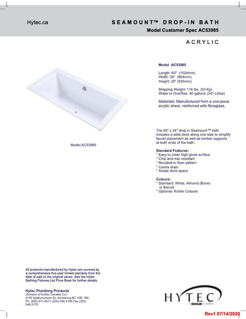 Hytec Seamount AC53985-0 Bathtub 60" x 34" Acrylic Drop-In White