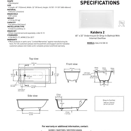 Kaldera Bathtub Drop-In or Undermount Standard White KAL2-N-LH-SW-10