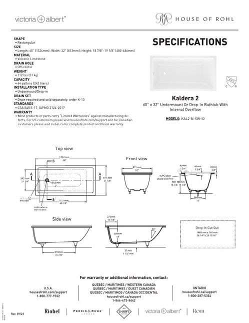 Kaldera Bathtub Drop-In or Undermount Standard White KAL2-N-LH-SW-10