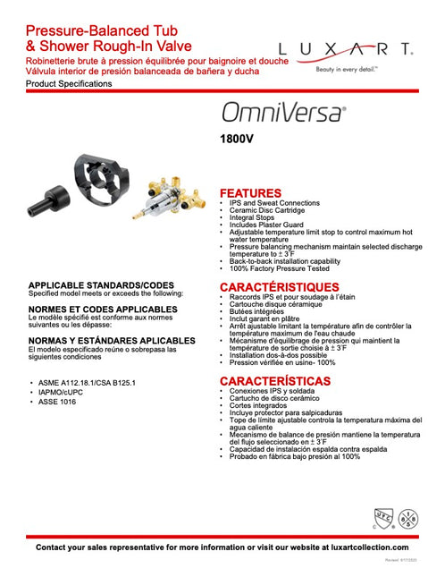 Luxart 1800V OMNIVERSA Pressure Balanced Tub and Shower Rough-In Valve